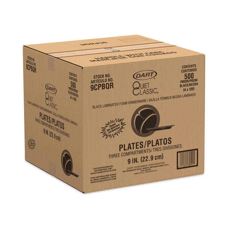Quiet Classic Laminated Foam Dinnerware, 3-Compartment Plate, 9" dia, Black, 125/Sleeve, 4 Sleeves/Carton