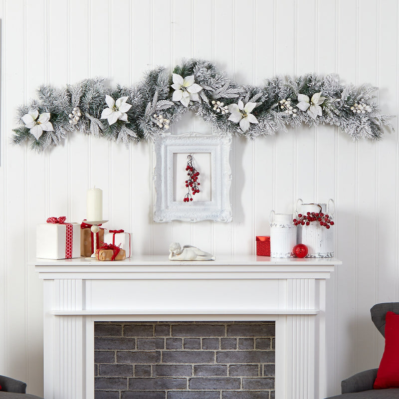 Nearly Natural 6-ft Flocked Poinsettia and Berry Artificial Christmas Garland with 50 Warm White LED Lights (W1312)