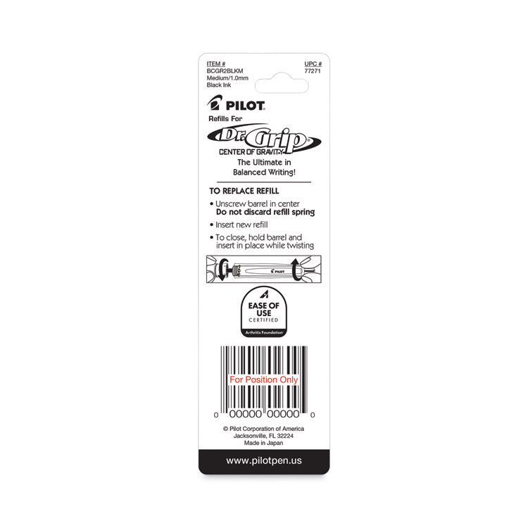 Refill For Pilot Dr. Grip Center Of Gravity Ballpoint Pens, Medium Conical Tip, Black Ink, 2/pack