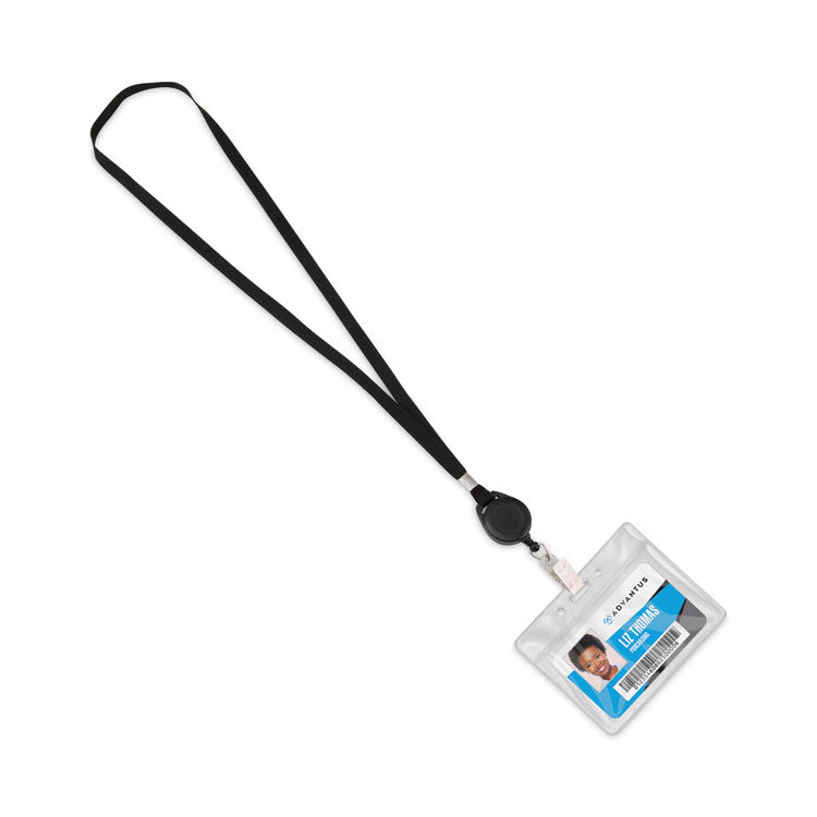 Lanyards with Retractable ID Reels, Metal Clip Fastener, 34" Long, Black, 12/Pack