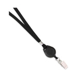 Lanyards with Retractable ID Reels, Metal Clip Fastener, 34" Long, Black, 12/Pack