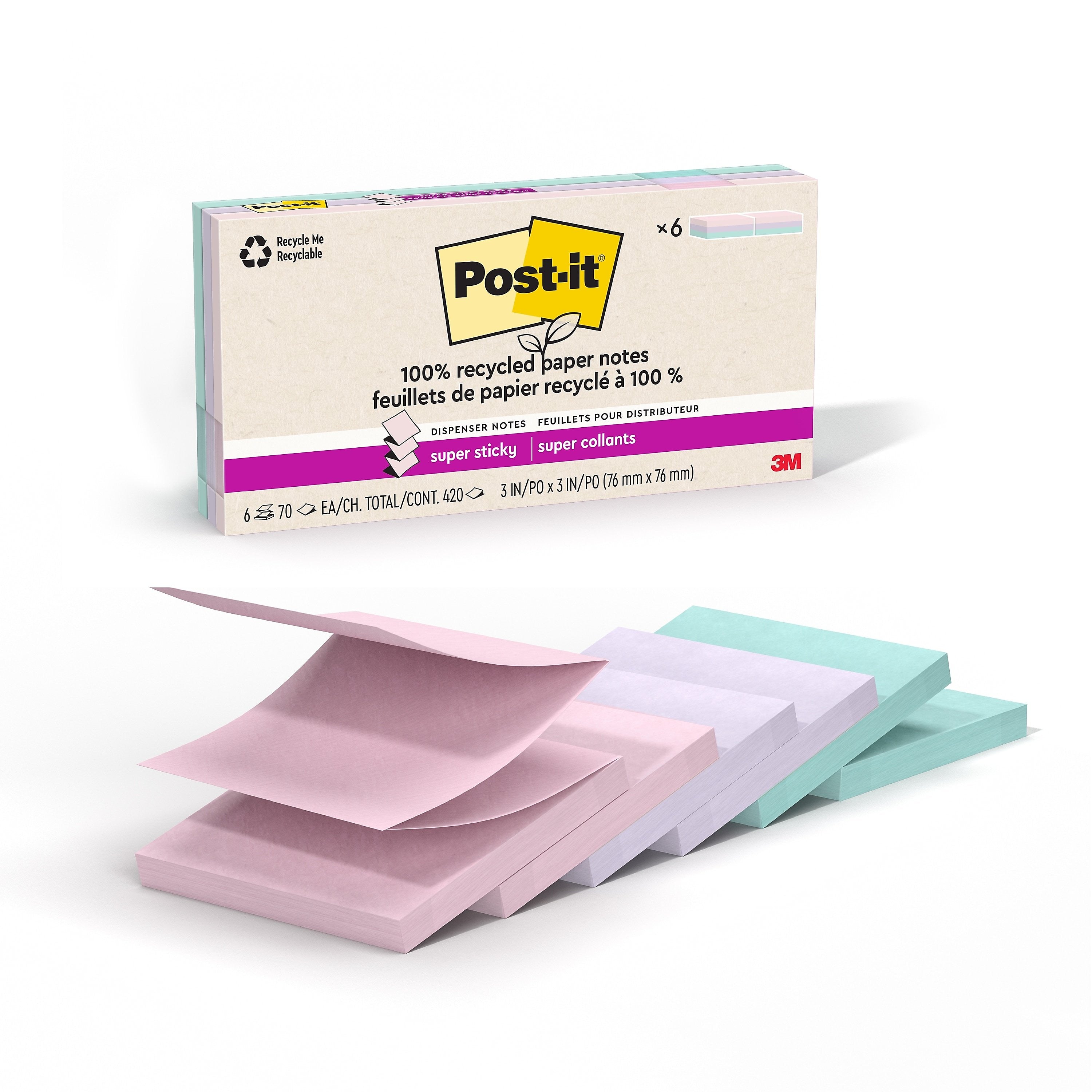 Post-it Wanderlust Pastels Recycled Pop-up Super Sticky Notes, 3" x 3", 70 Sheets/Pad, 6 Pads/Pack (R330R-6SSNRP)