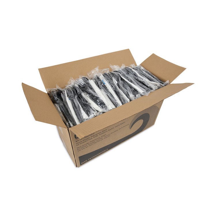 Six-Piece Cutlery Kit, Heavyweight, Fork/Knife/Napkin/Pepper/Salt/Spoon, Plastic, Black, 250/Carton