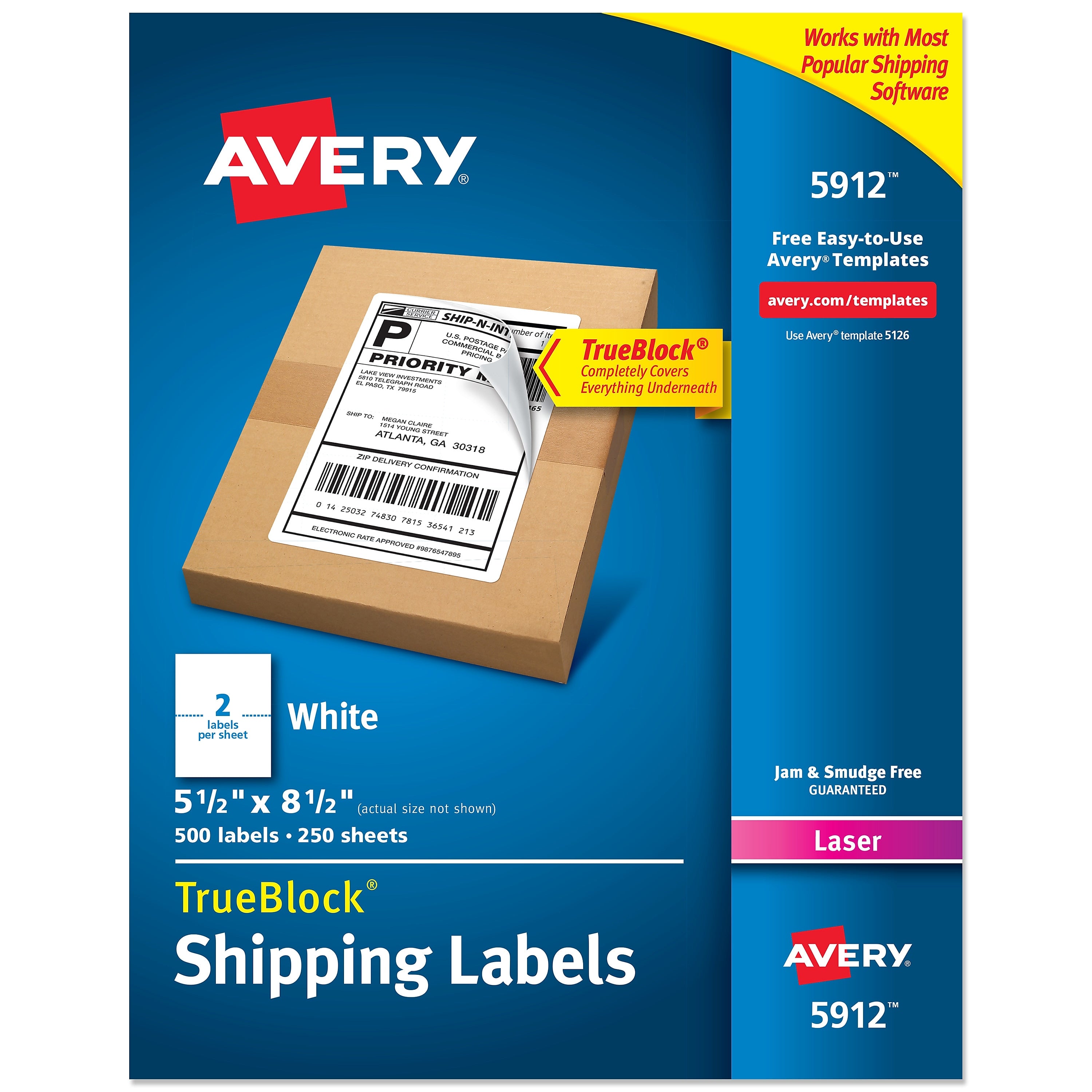 Avery TrueBlock Laser Shipping Labels, 5 1/2" x 8 1/2", Matte White, 2 Labels/Sheet, 250 Sheets/Pack (5912)