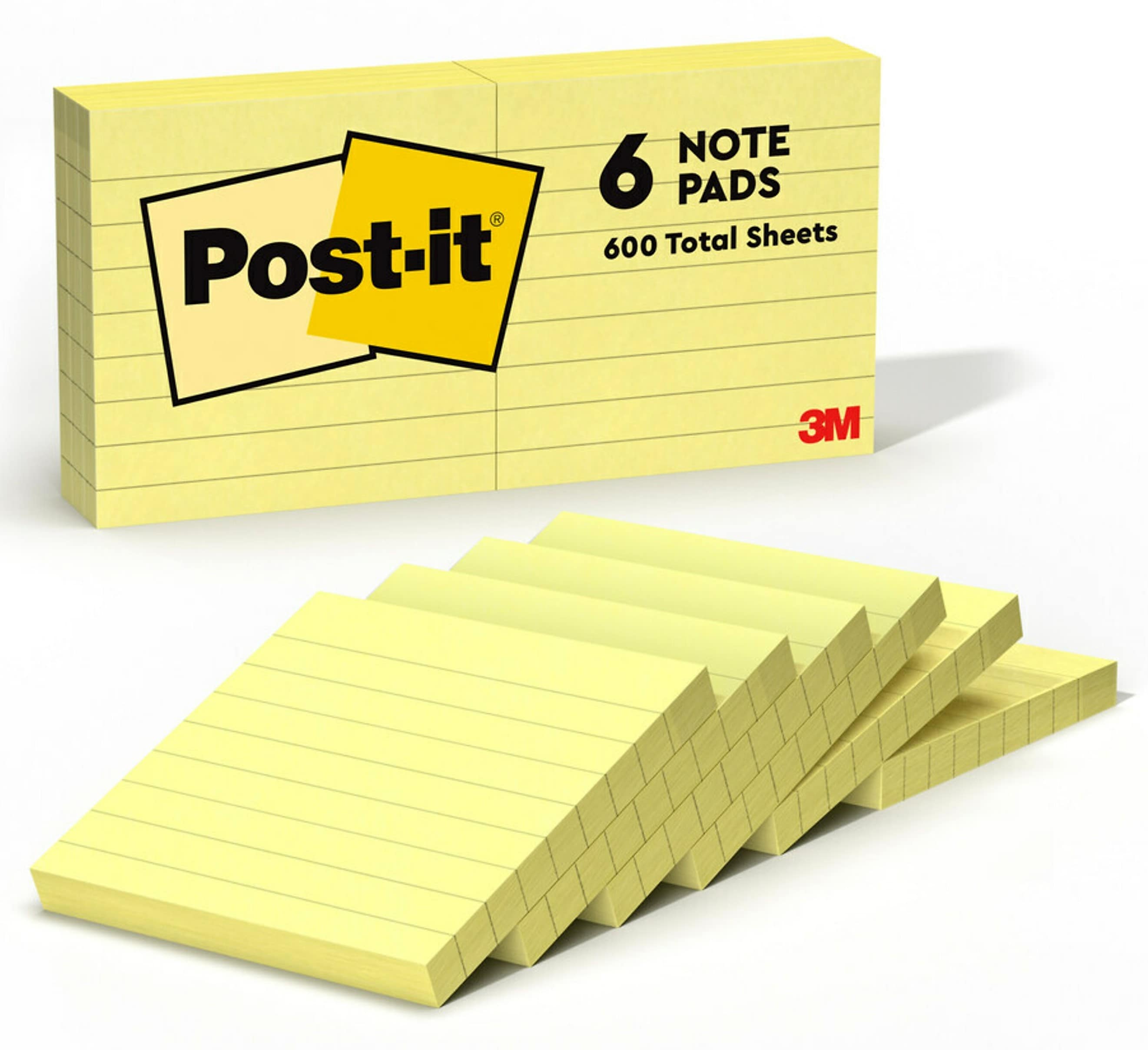 Post-it Notes, 3" x 3", Canary Collection, Lined, 100 Sheet/Pad, 6 Pads/Pack (630-6PK)