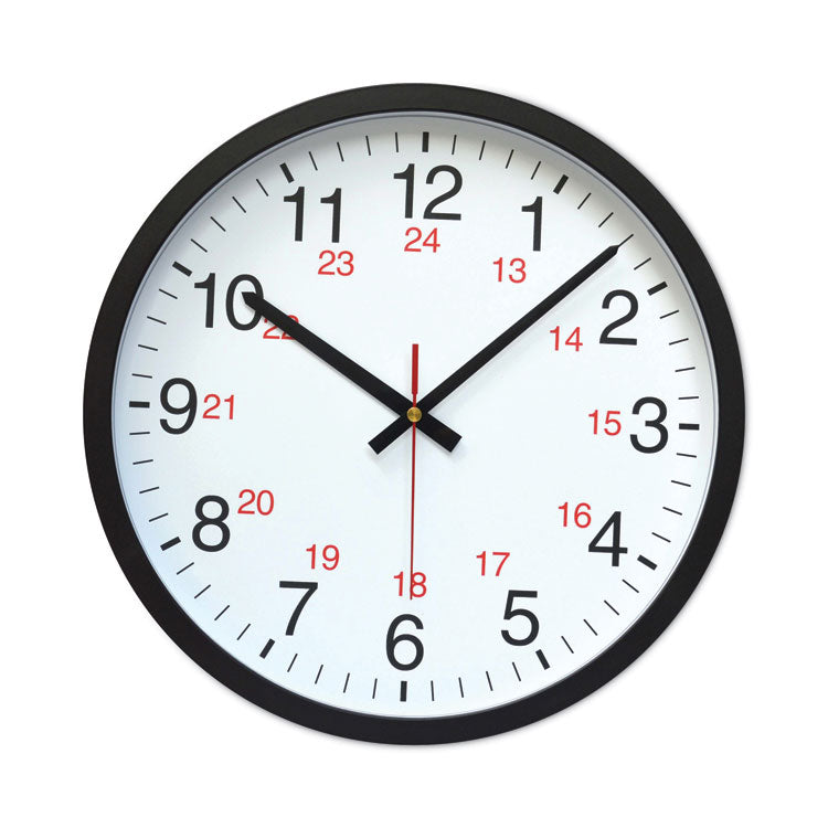 24-Hour Round Wall Clock, 12.63" Overall Diameter, Black Case, 1 Aa (sold Separately)