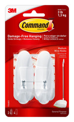 Command Medium Wire Hooks, 3 lb., White, 2/Pack (17068)