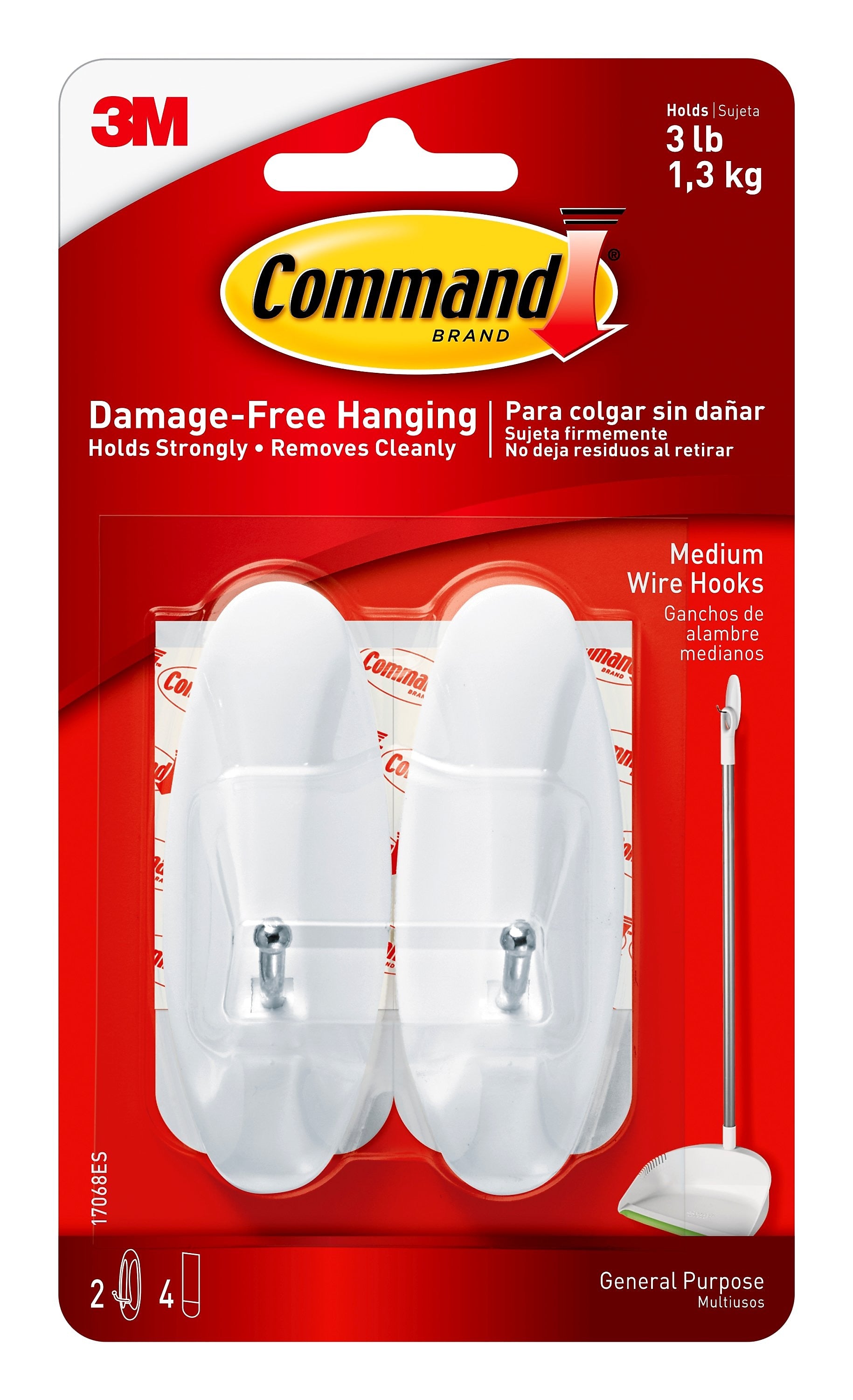 Command Medium Wire Hooks, 3 lb., White, 2/Pack (17068)