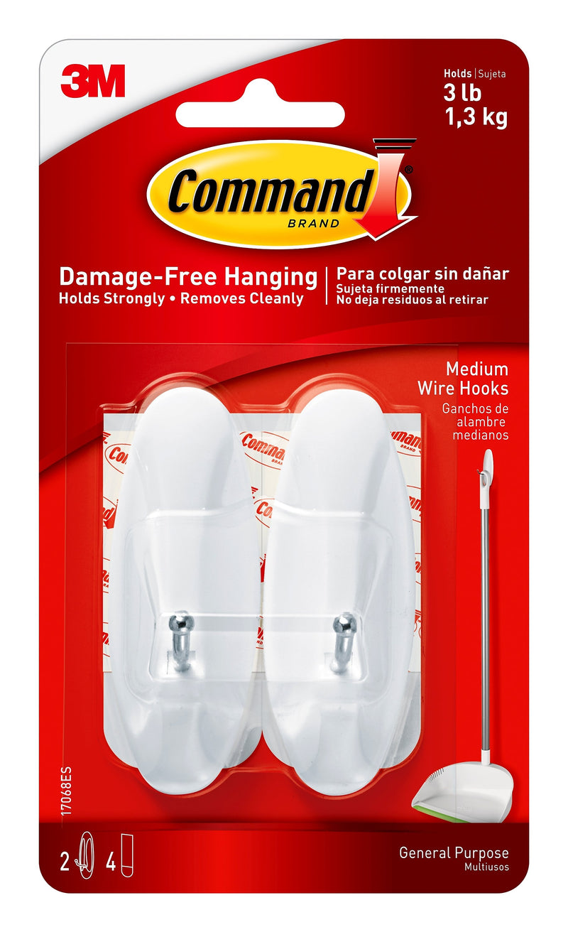 Command Medium Wire Hooks, 3 lb., White, 2/Pack (17068)