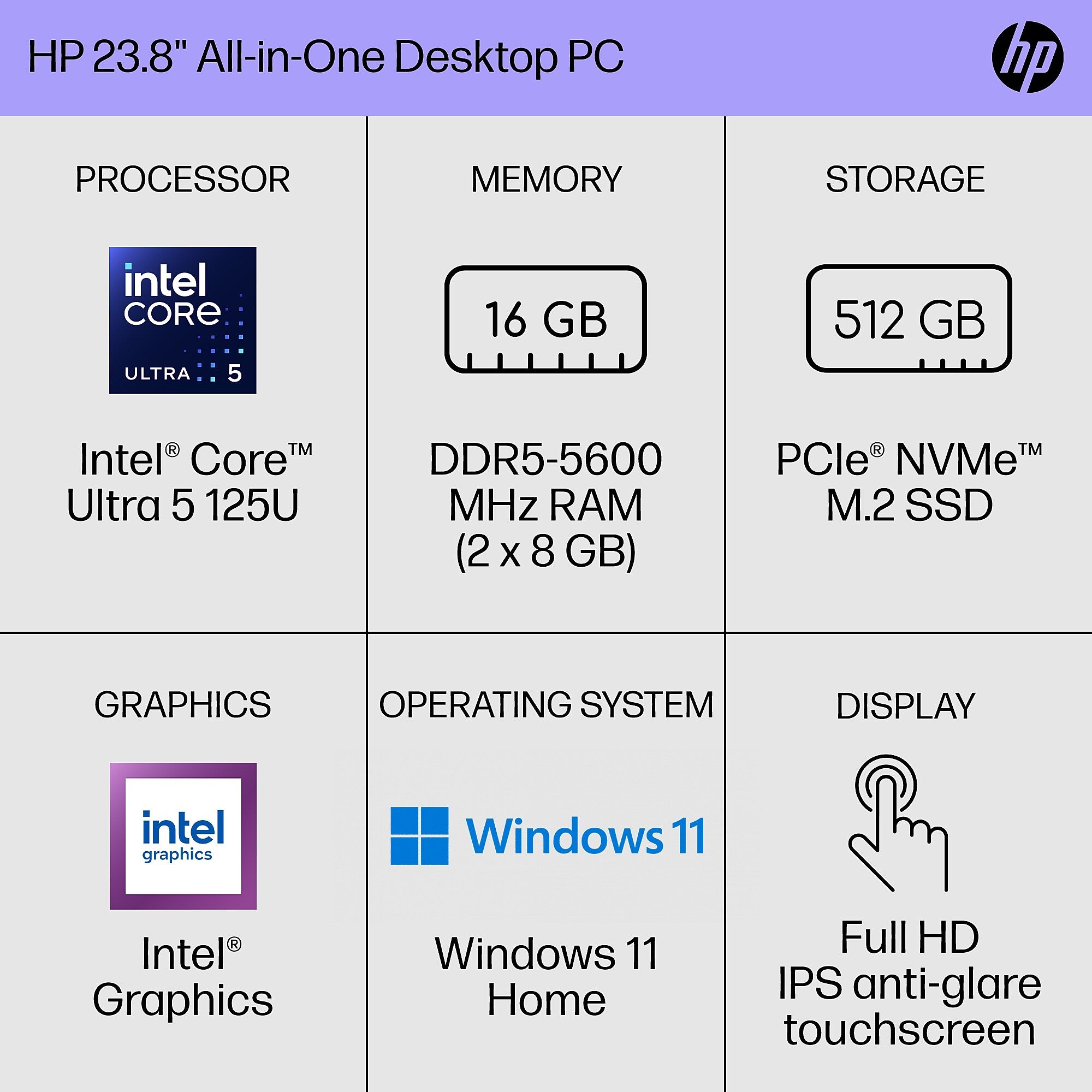 HP 24" All-in-One Touch-Screen AI Desktop Computer, Intel Core Ultra 5-125H, 16GB RAM, 512GB SSD, Mouse & Keyboard Included