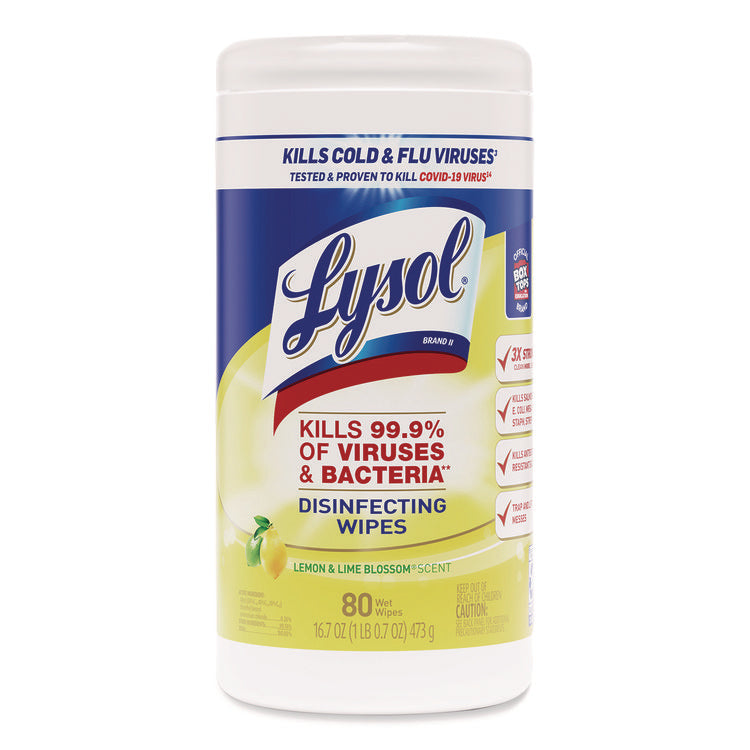 Disinfecting Wipes, 1-Ply, 7 x 7.25, Lemon and Lime Blossom, White, 80 Wipes/Canister, 3 Canisters/Pack, 2 Packs/Carton
