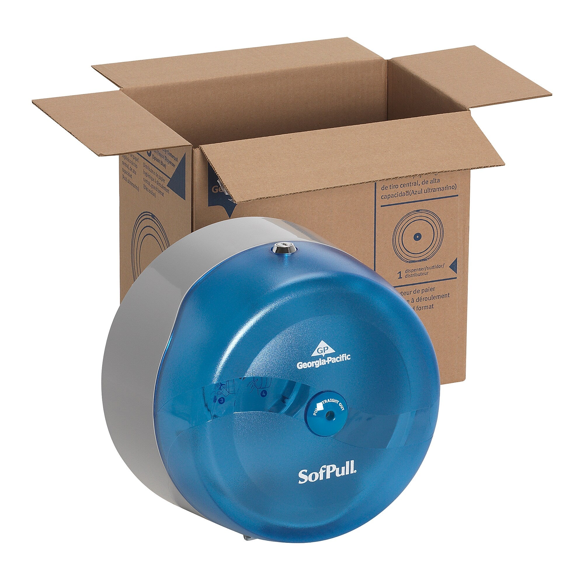 Georgia-Pacific SofPull® High Capacity Center-Pull Bath Dispenser, Splash Blue, 10.500"W x 6.750''D x 10.500"H