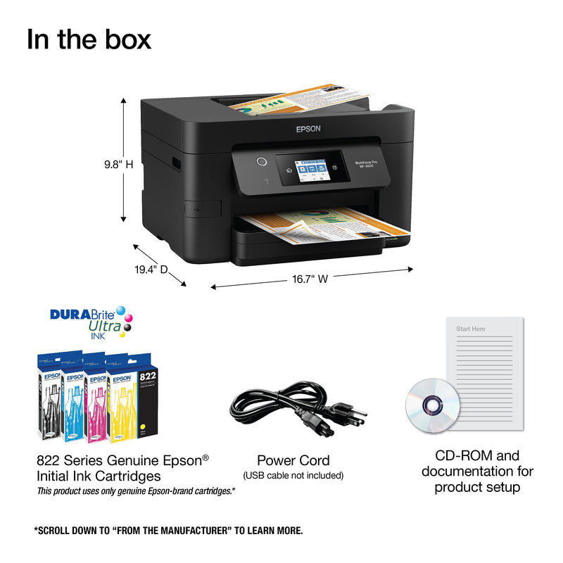 Epson WorkForce Pro WF-3820 Wireless Color Inkjet Printer, All-In-One, Print, Scan, Copy, Fax (9472526)