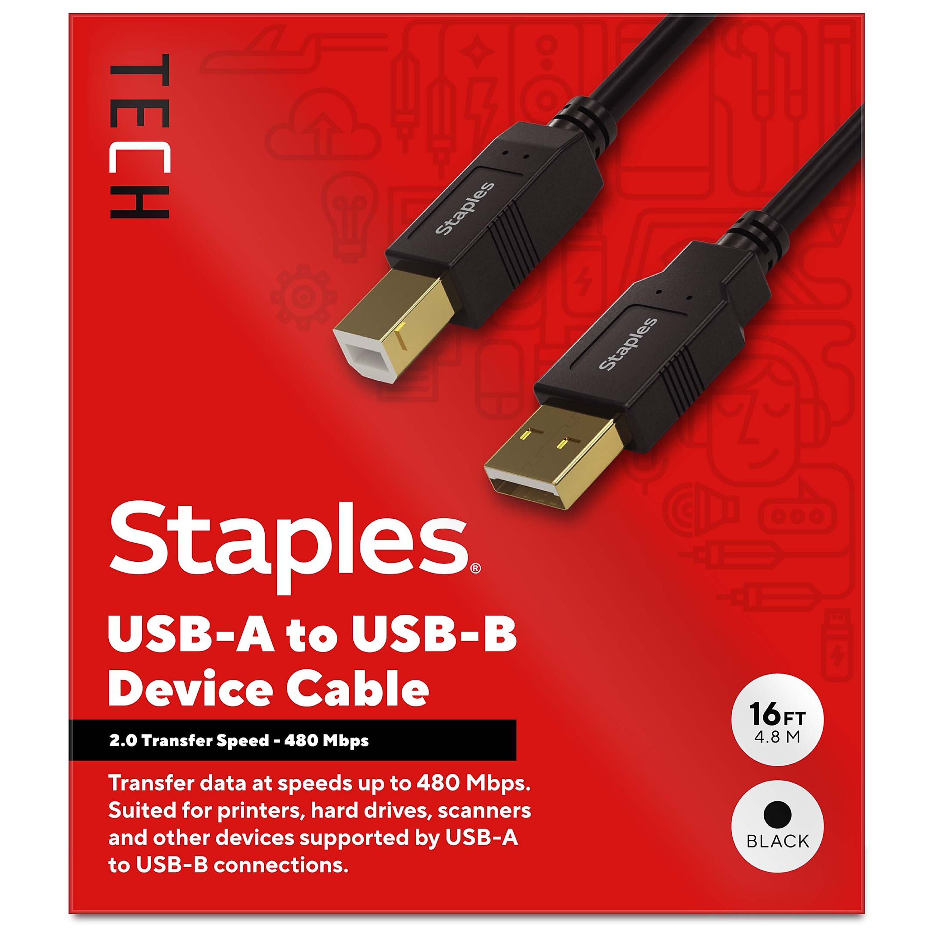 Staples TECH 16 ft. USB-A to USB-B Cable, Male to Male, Black (ST62440)