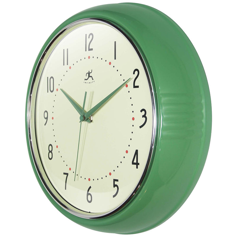 Infinity Instruments Round Retro Green Wall Clock, Aluminum, 12" (10940GR-12)