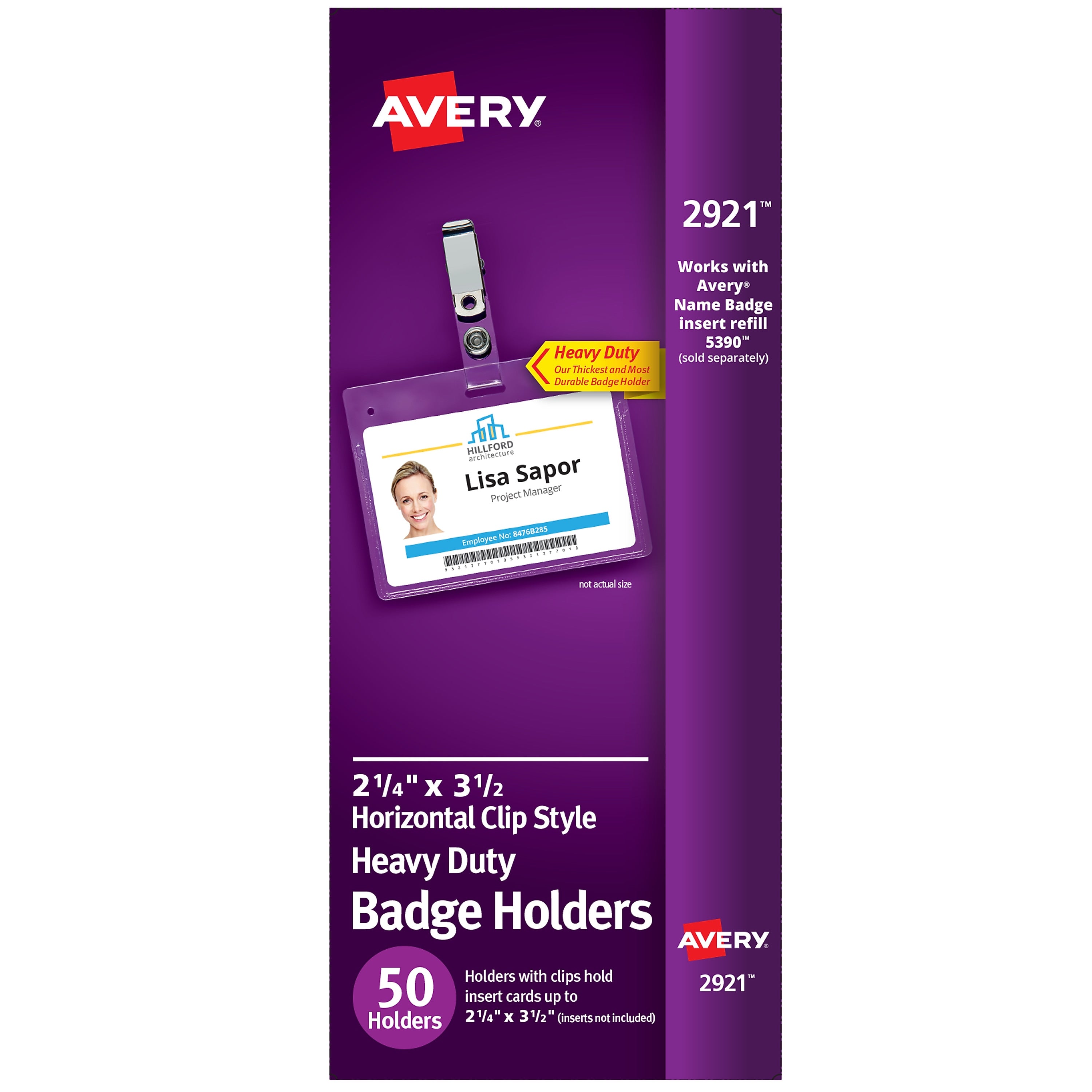Avery Secure Top Heavy Duty Clip Style Name Badge Holders, 2 1/4" x 3 1/2", Clear Landscape Holders, 50/Box (2921)