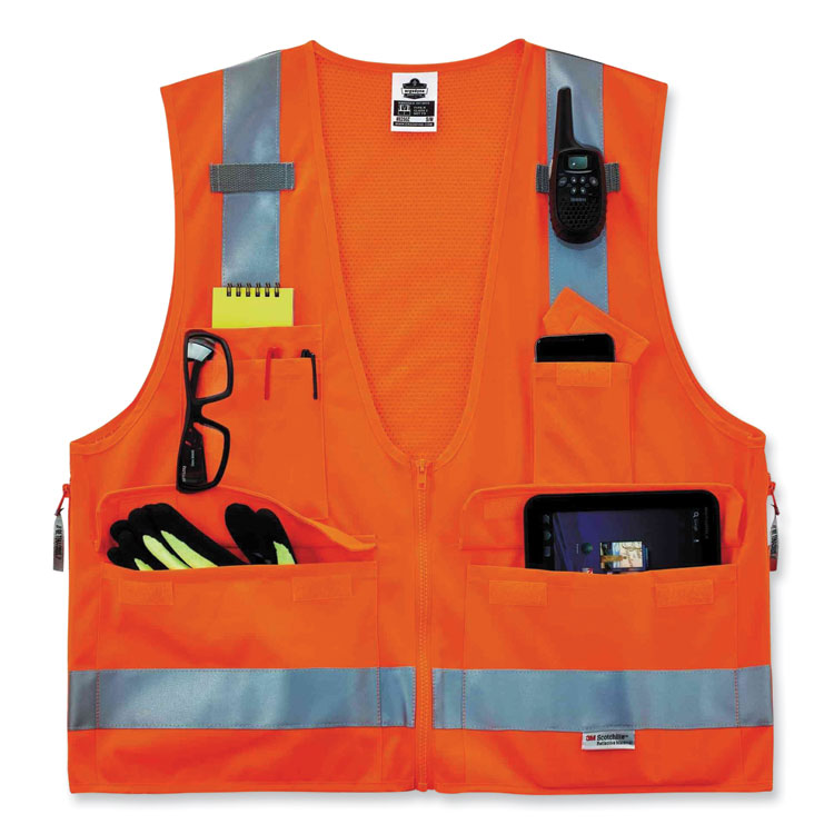 GloWear 8250Z Class 2 Surveyors Zipper Vest, Polyester, 4X-Large/5X-Large, Orange