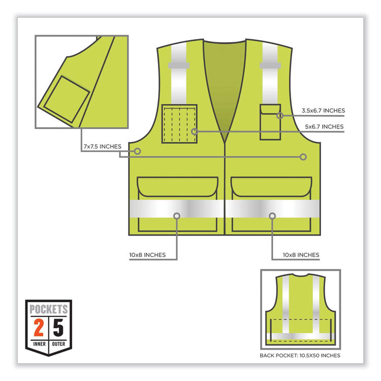 GloWear 8250Z Class 2 Surveyors Zipper Vest, Polyester, Small/Medium, Lime