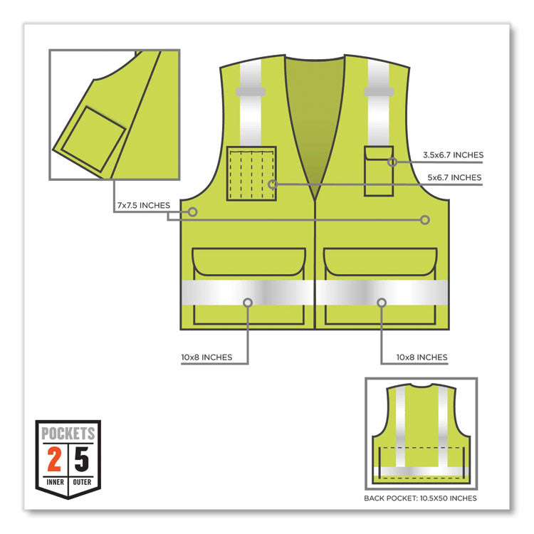 GloWear 8250Z Class 2 Surveyors Zipper Vest, Polyester, 4X-Large/5X-Large, Lime