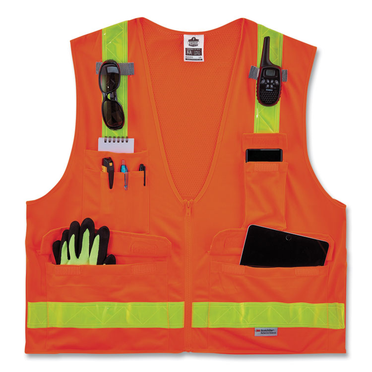 GloWear 8250ZHG Class 2 Hi-Gloss Surveyors Zipper Vest, Polyester, Large/X-Large, Orange