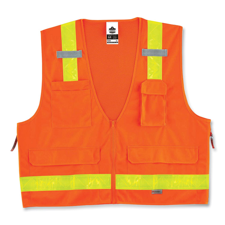 GloWear 8250ZHG Class 2 Hi-Gloss Surveyors Zipper Vest, Polyester, 2X-Large/3X-Large, Orange
