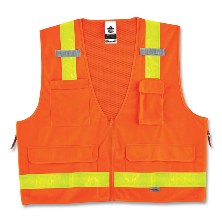 GloWear 8250ZHG Class 2 Hi-Gloss Surveyors Zipper Vest, Polyester, 4X-Large/5X-Large, Orange