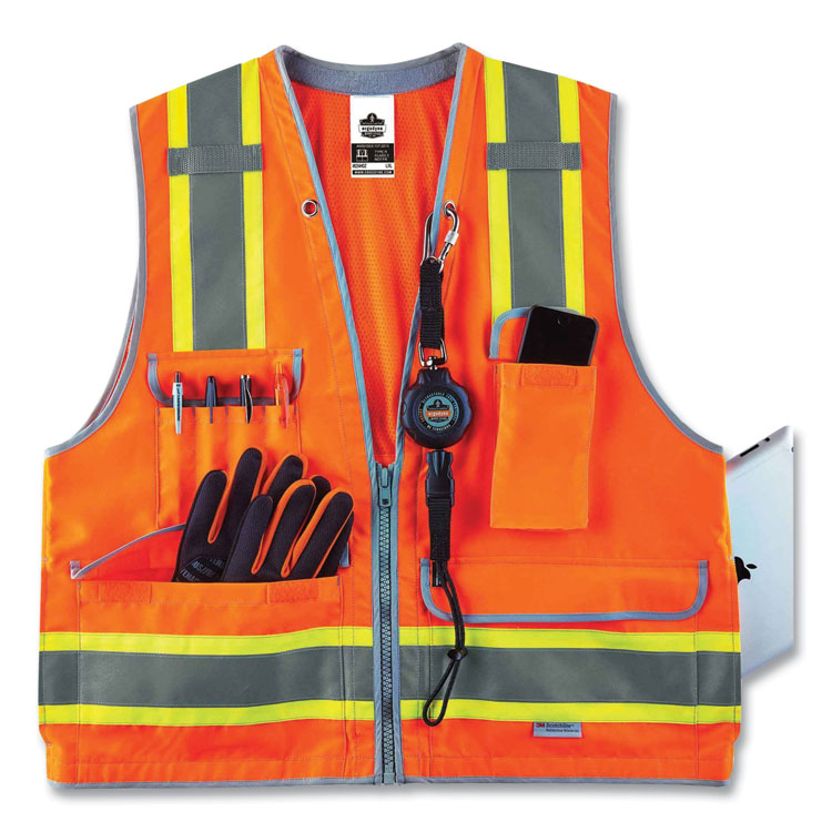 GloWear 8254HDZ Class 2 Heavy-Duty Surveyors Zipper Vest, Polyester, 4X-Large/5X-Large, Orange
