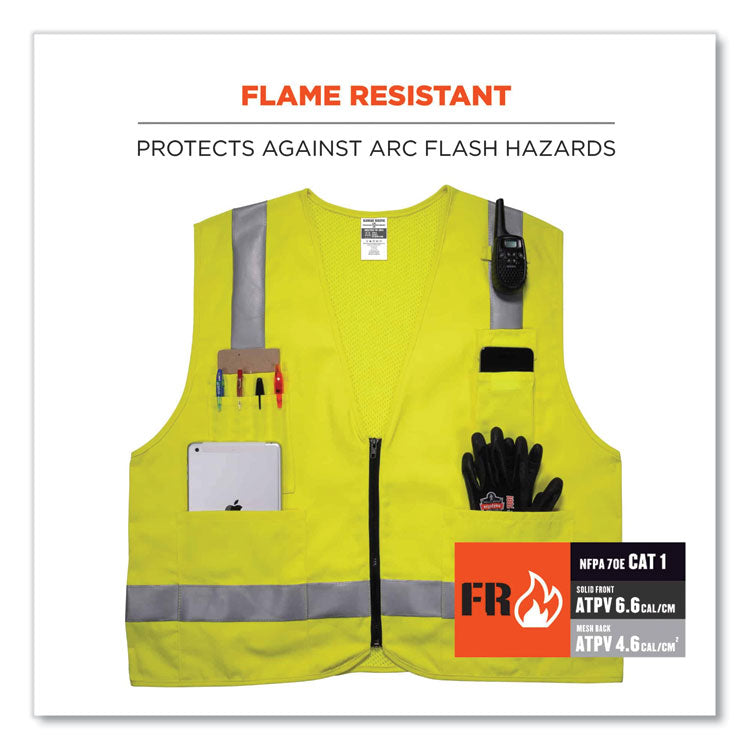 GloWear 8262FRZ Class 2 FR Surveyor Zipper Vest, Tencel/Modacrylic/Para-aramid/Kevlar, Small/Medium, Lime