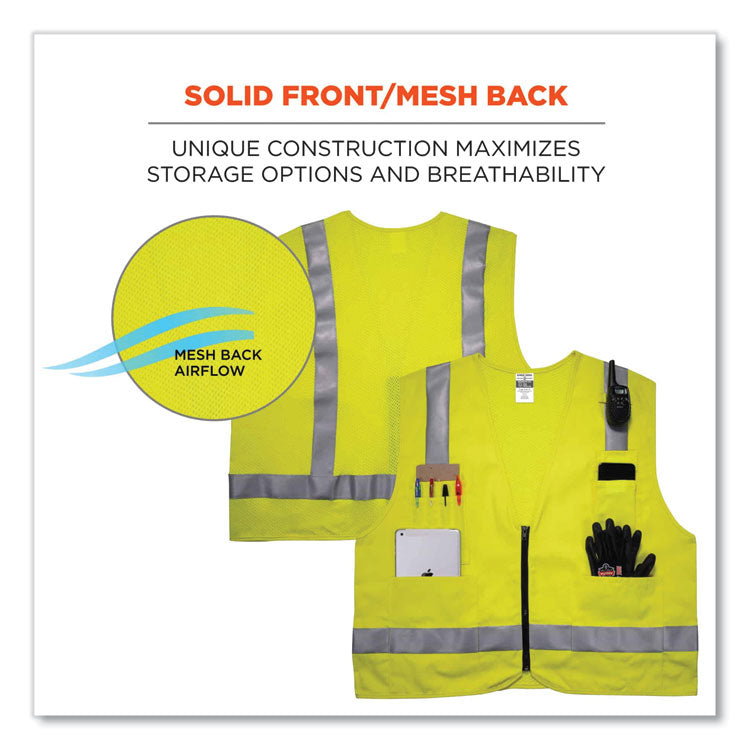 GloWear 8262FRZ Class 2 FR Surveyor Zipper Vest, Tencel/Modacrylic/Para-aramid/Kevlar, Small/Medium, Lime