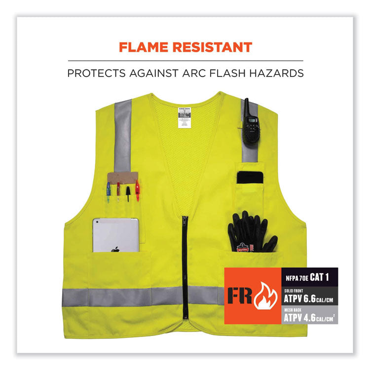 GloWear 8262FRZ Class 2 FR Surveyor Zip Vest, Tencel/Modacrylic/Para-aramid/Kevlar, 2X-Large/3X-Large, Lime