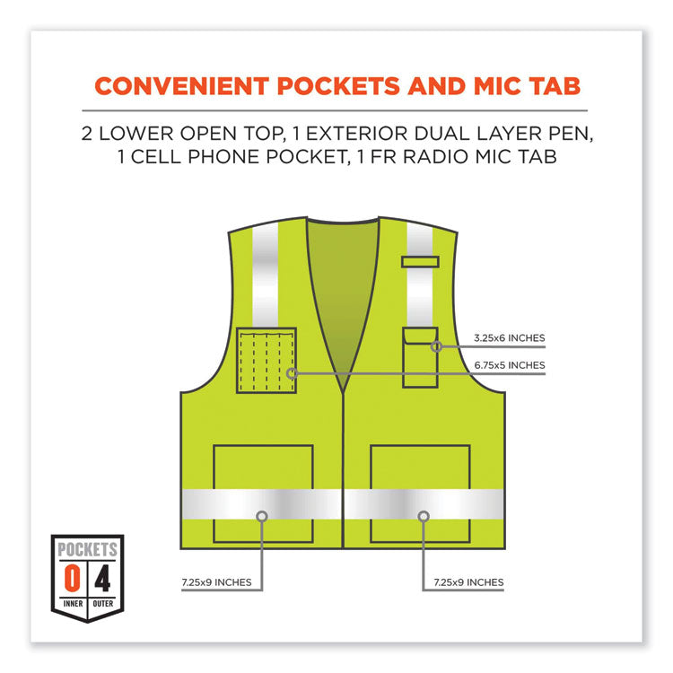 GloWear 8262FRZ Class 2 FR Surveyor Zip Vest, Tencel/Modacrylic/Para-aramid/Kevlar, 4X-Large/5X-Large, Lime