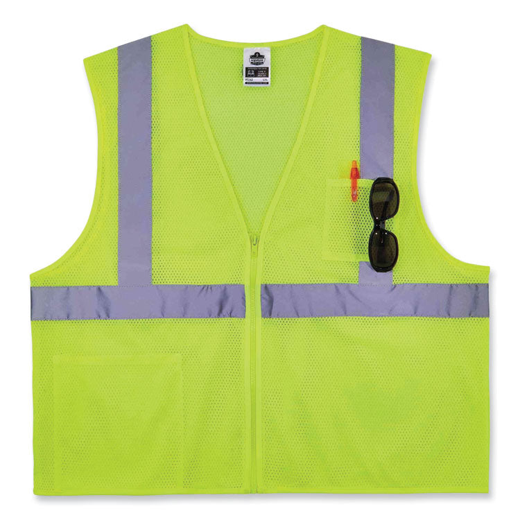 GloWear 8256Z Class 2 Self-Extinguishing Zipper Vest, Polyester, Large/X-Large, Lime