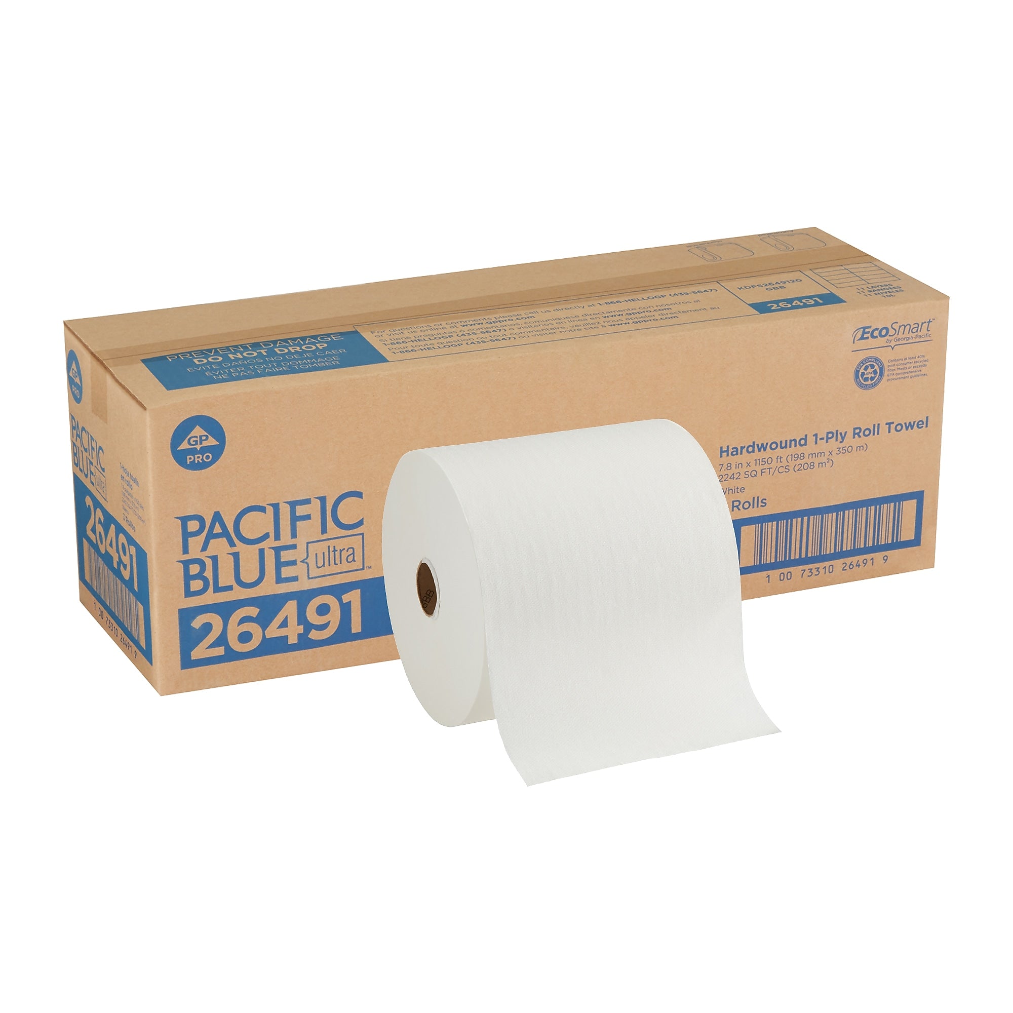 Pacific Blue Ultra 8" High-Capacity Hardwound Paper Towels, 1-Ply, 3 Rolls/Carton (26491)