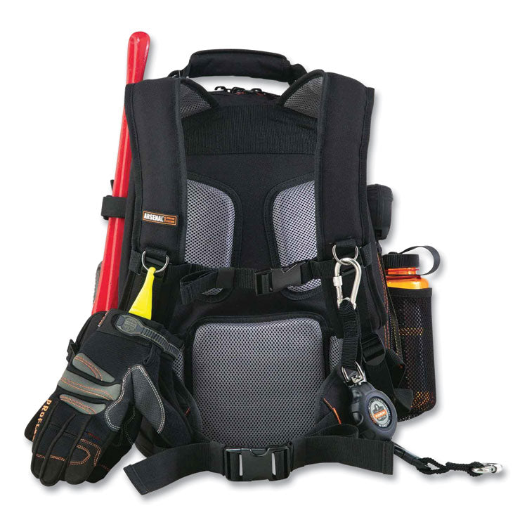 Arsenal 5843 Tool Backpack Dual Compartment, 26 Compartments, 8.5 x 13.5 x 18, Ballistic Polyester, Black/Gray