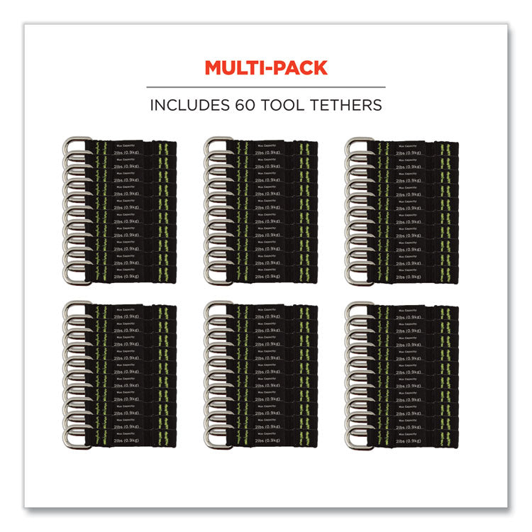 Squids 3700 Nylon Webbing Tool Tails with D-Rings, 2 lb Max Working Capacity, 3.5" Long, Black, 6/Pack, 10 Packs/Carton