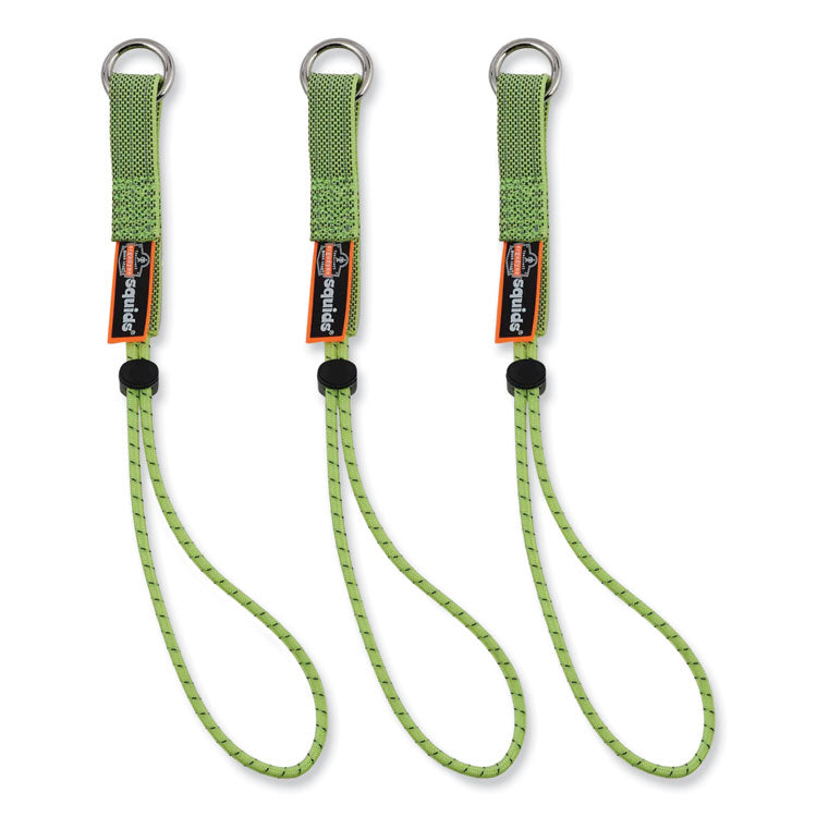 Squids 3703 Elastic Loop Tool Tails with D-Rings, 15 lb Max Working Capacity, 15" Long, Lime, 3/Pack, 20 Packs/Carton