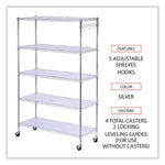 5-Shelf Wire Shelving Kit With Casters And Shelf Liners, 48w X 18d X 72h, Silver