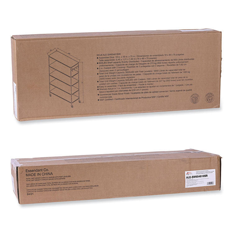 5-Shelf Wire Shelving Kit With Casters And Shelf Liners, 48w X 18d X 72h, Silver
