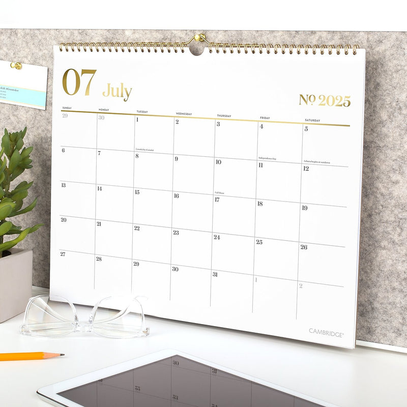 2025-2026 Cambridge Workstyle 15" x 12" Academic Monthly Wall Calendar, White/Gold (1606-707A-26)