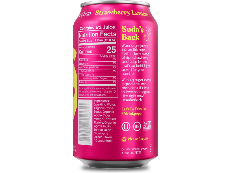 Poppi Prebiotic Strawberry Lemon Soda, 12 fl. oz., 12 Cans/Case (XNA71014)