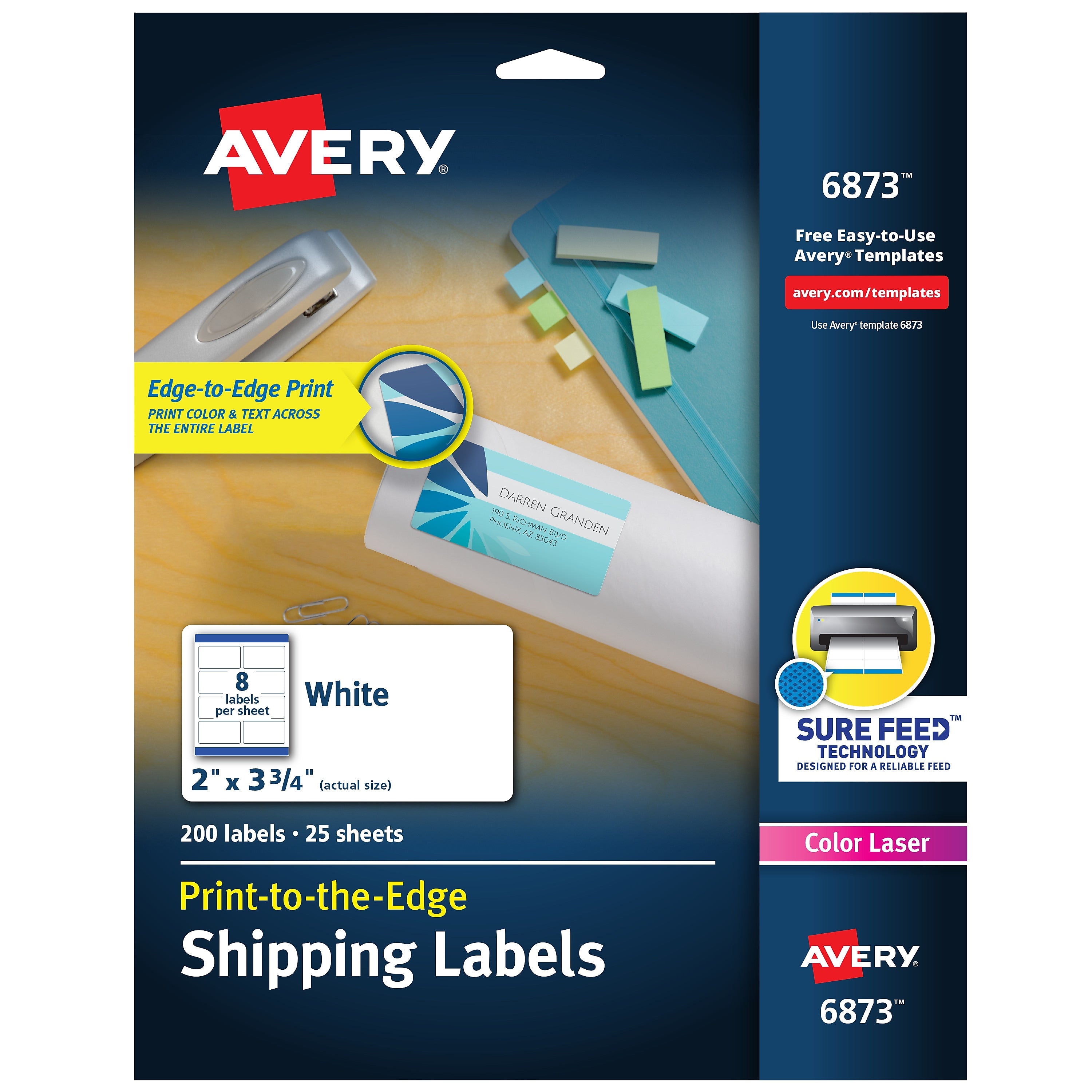 Avery Print-to-the-Edge Color Laser Shipping Labels, 2" x 3-3/4", White, 200 Labels/Pack (6873)