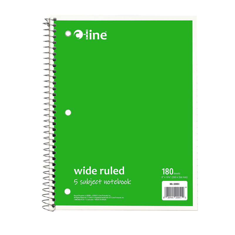 C-Line 5-Subject Subject Notebooks, Wide Ruled, 180 Sheets, Assorted Colors, 3/Bundle (CLI22051-3)