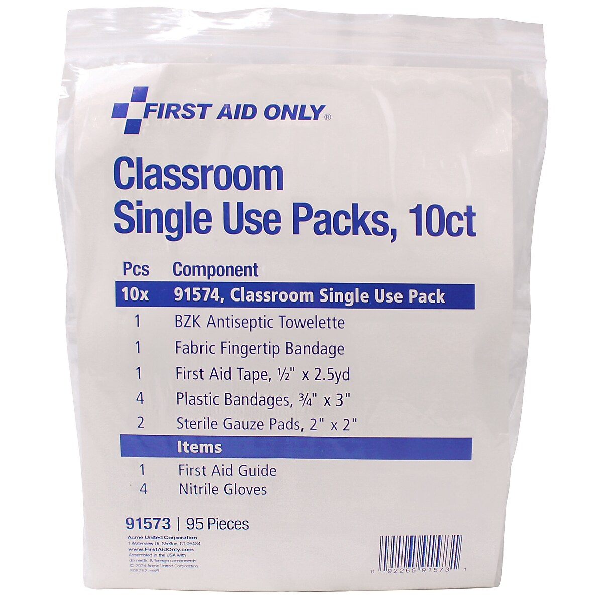First Aid Only Classroom Single Use Kits, 95 Pieces, 12 Packs/Carton (91573)