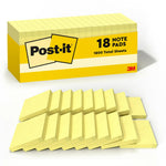 Post-it Notes, 3" x 3", Canary Collection, 90 Sheet/Pad, 18 Pads/Pack (654-18CP)