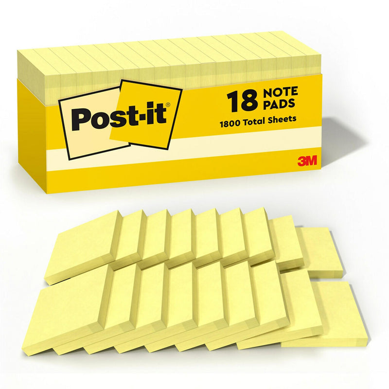 Post-it Notes, 3" x 3", Canary Collection, 90 Sheet/Pad, 18 Pads/Pack (654-18CP)