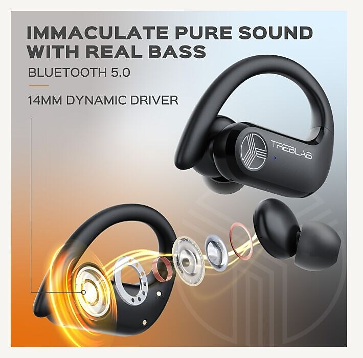 Treblab X3-Pro Bluetooth Wireless Earbuds with Earhooks, Charging Case (X3-PRO-W)