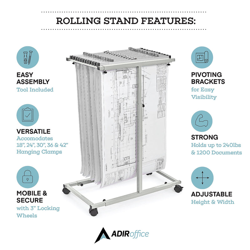 AdirOffice Steel Mobile Blueprint Storage File Storage Cart with (12) 30" Hanging Clamps, Gray (614-6036)