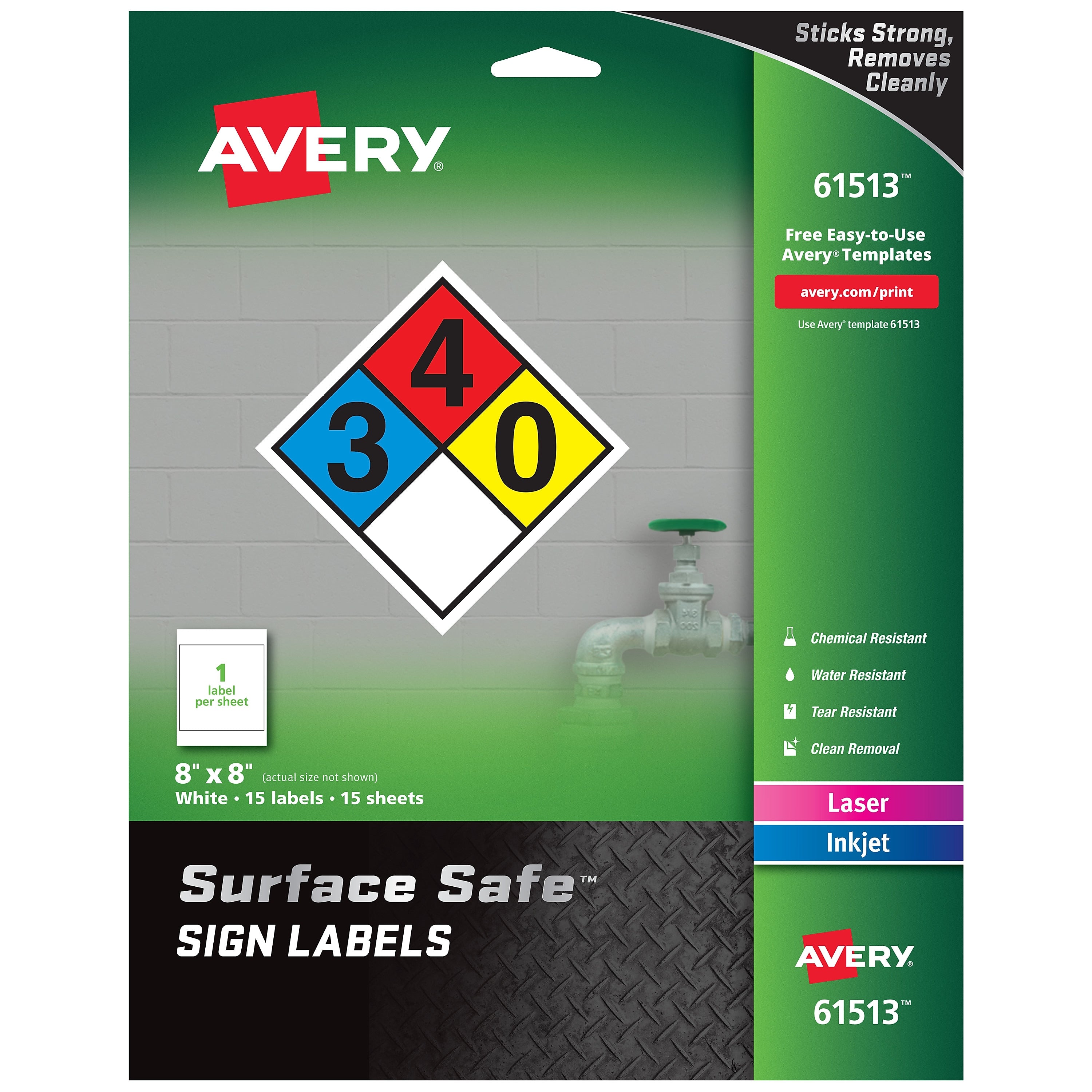 Avery Surface Safe Laser/Inkjet Label Safety Signs, 8" x 8", White, 15 Labels/Pack (61513)