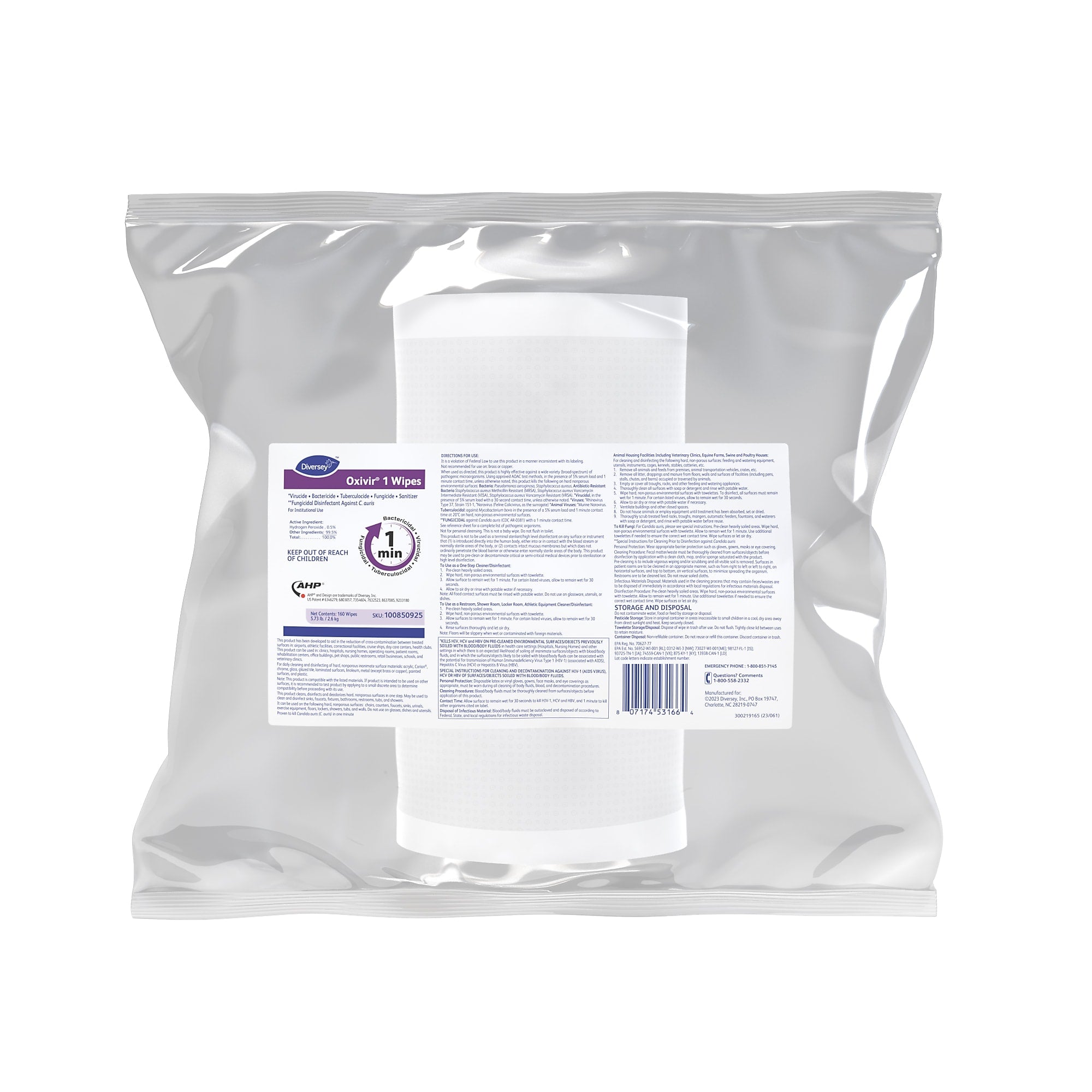 Diversey Oxivir 1 Disinfecting Wipes Refill, 160 Wipes/Container, 4/Carton (100850925)