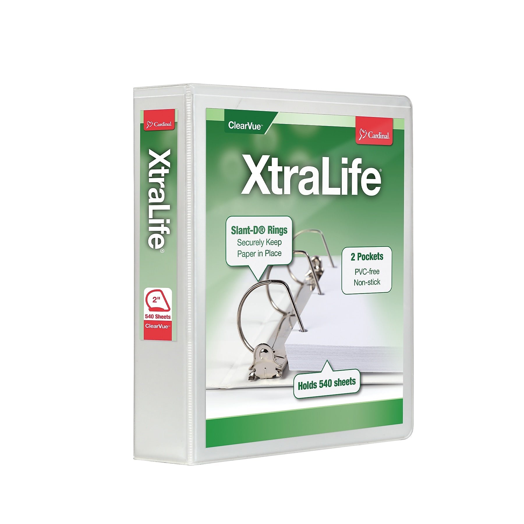 Cardinal XtraLife Heavy Duty 2" 3-Ring View Binders, D-Ring, White (26320)